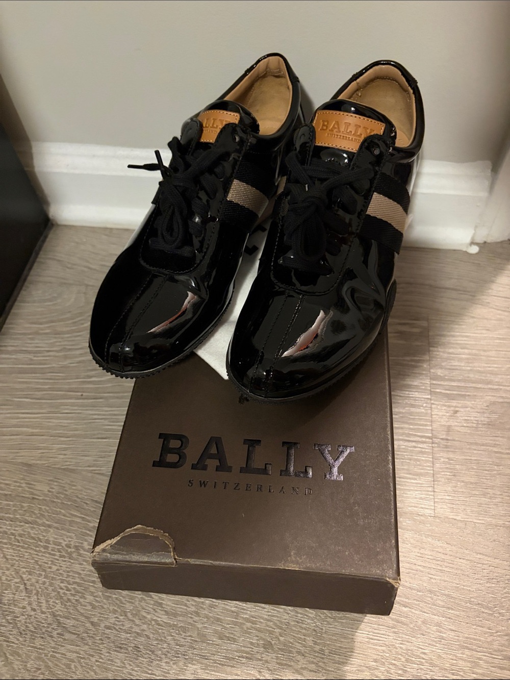 Bally Men’s Black Patent Leather Sneakers with Tan Accents